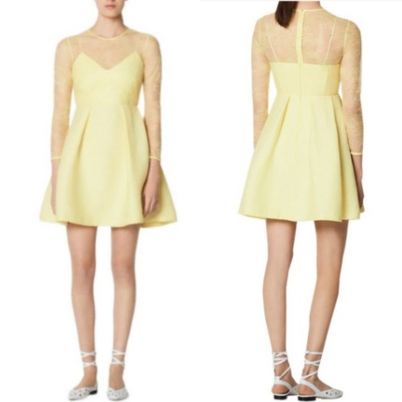 Sandro Paris Jeanette Yellow Floral Lace Fit & Flare Dress 34 XS NEW Pleated - Picture 1 of 13